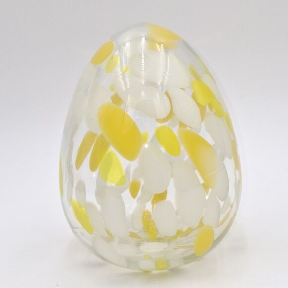 6" Hand Blown Art Glass Hollow Egg Yellow Spotted Pattern Decor Paper Weight - Picture 3 of 8